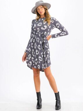 Animal Print Gray Flared Mini Dress Long Sleeve Pockets NWOT
